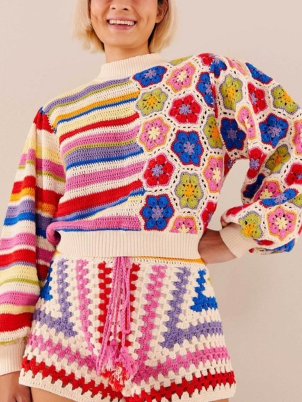 FARM Rio Multicolor Striped & Floral Crochet Turtleneck Sweater